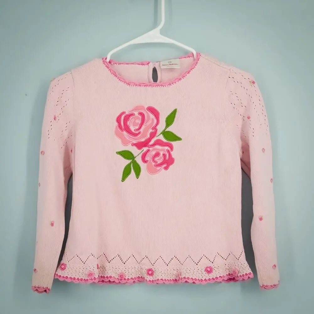 Hanna Andersson Girls 130 Size 8 Pink Floral Embroidered Crew Cotton Sweater